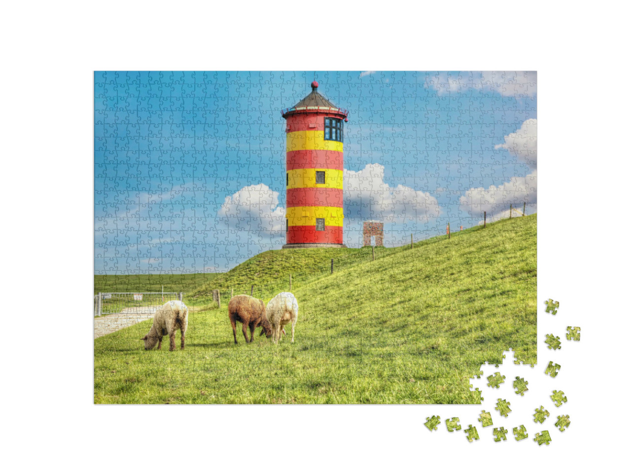 puzzle 1000 dílků „Ovce před majákem Pilsum na německém pobřeží Severního moře“