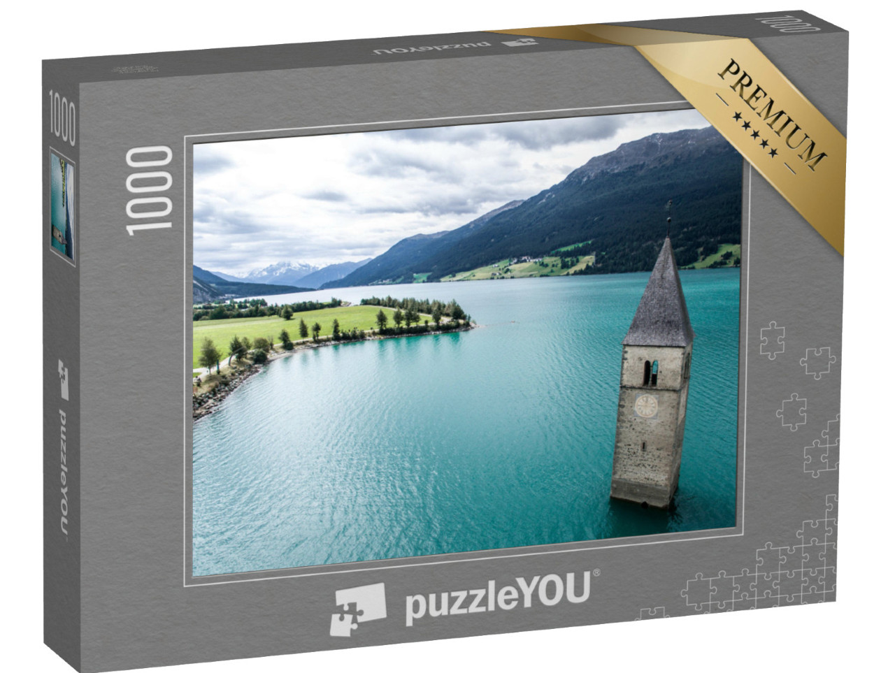 puzzle 1000 dílků „Průsmyk Reschen mezi Itálií a Rakouskem, krajina s věží v Reschenském jezeře“