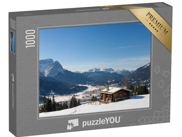 puzzle 1000 dílků „Zimní horská chata s vrcholem Zugspitze a Garmisch-Partenkirchen, Bavorsko“