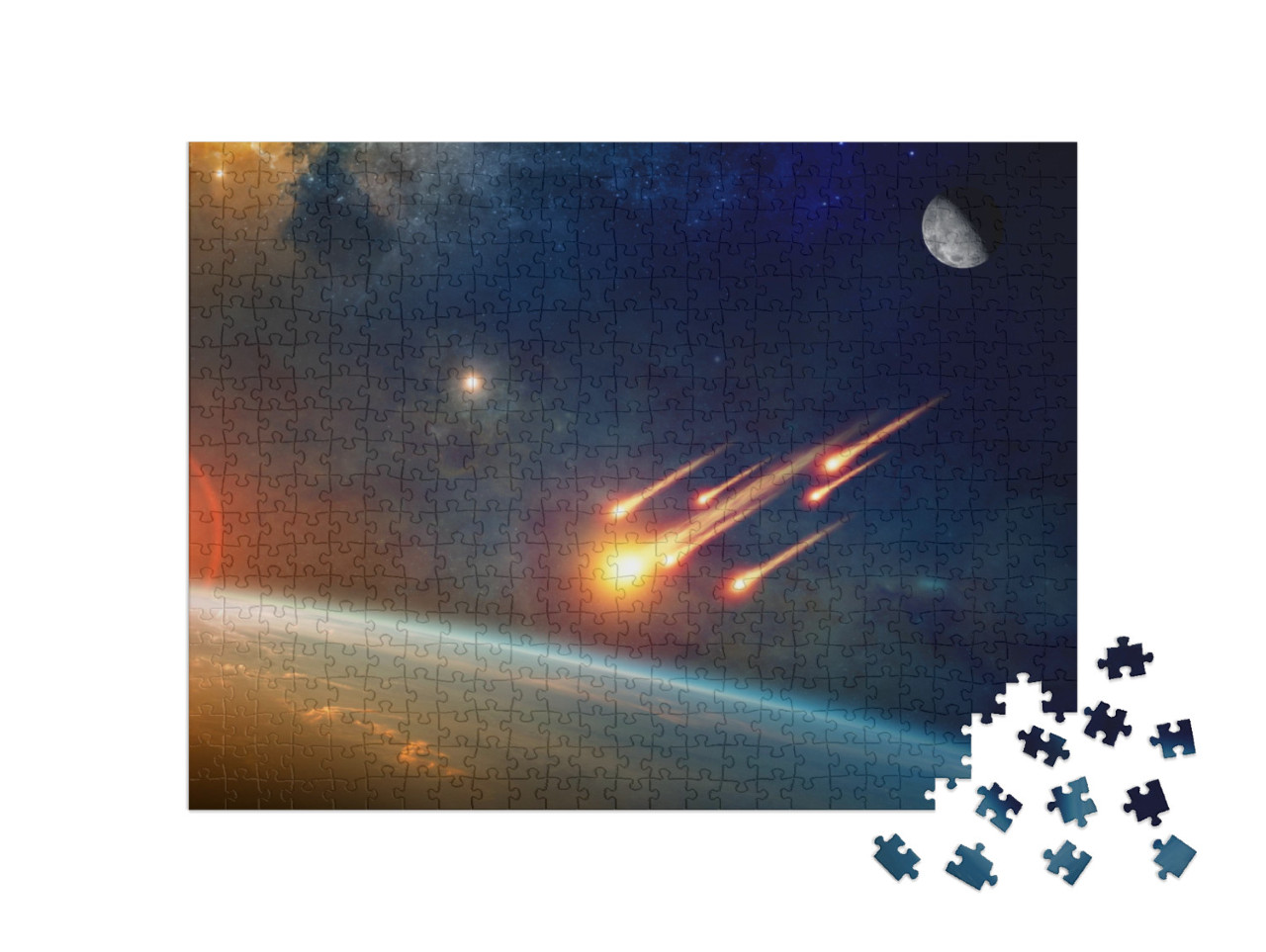 puzzle 500 dílků „Dopad asteroidu, skupina hořících asteroidů se blíží k Zemi“