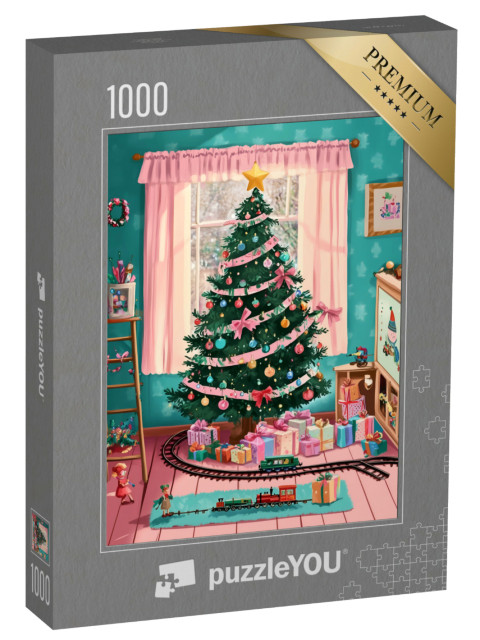 puzzle 1000 dílků „Vláček s hračkami uprostřed mnoha barevných dárků“