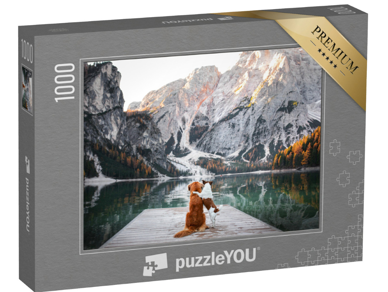 puzzle 1000 dílků „Dva psi na dřevěné lávce u horského jezera“