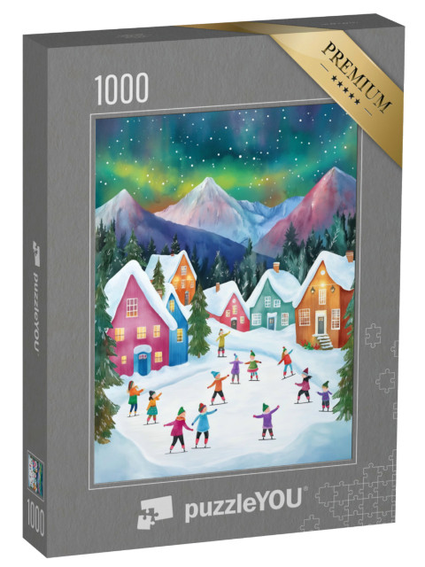 puzzle 1000 dílků „Děti bruslí v kouzelné zimní říši divů“
