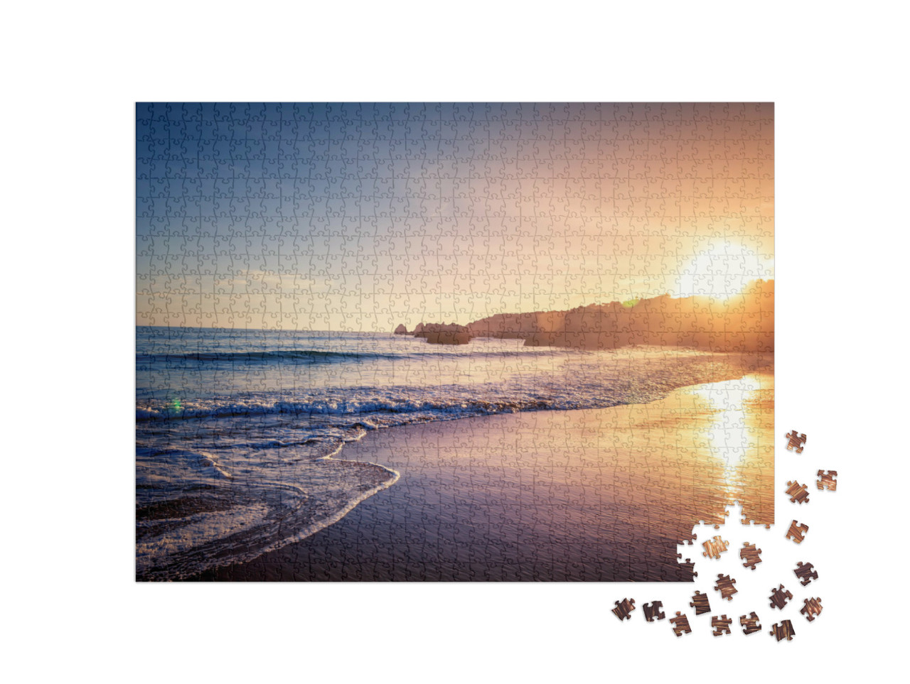 puzzle 1000 dílků „Západ slunce na moři s písečnou pláží“