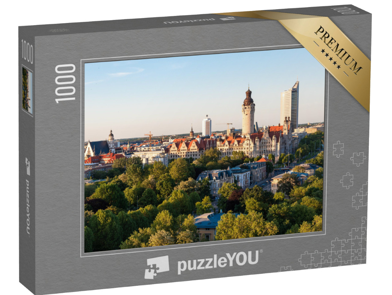 puzzle 1000 dílků „Panorama Lipska s radnicí při západu slunce, Německo“