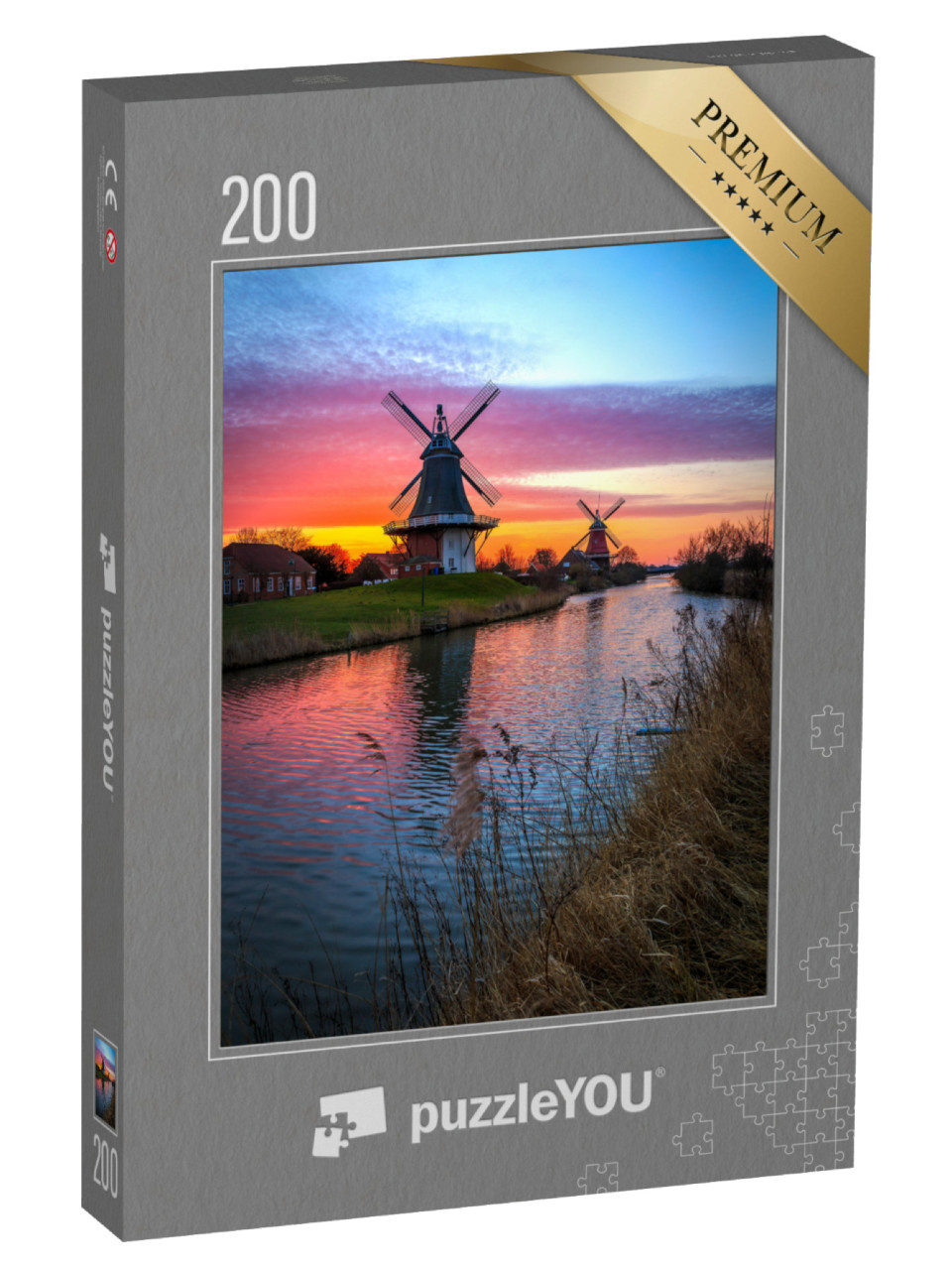 puzzle 200 dílků „Dvojité mlýny Greetsiel, Východní Frísko při východu slunce“