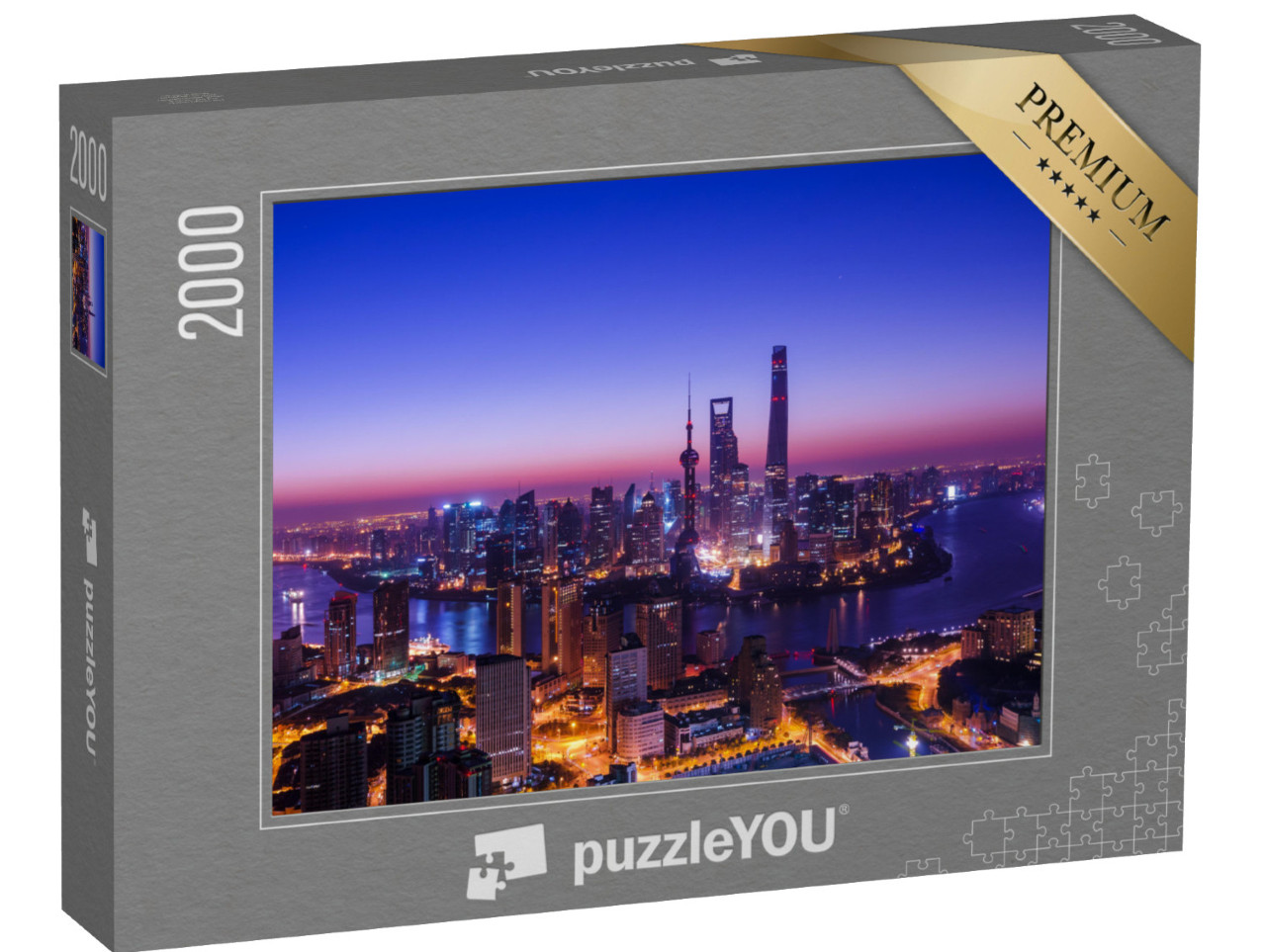 puzzle 2000 dílků „Šanghajské panorama v modročerveném večerním světle“