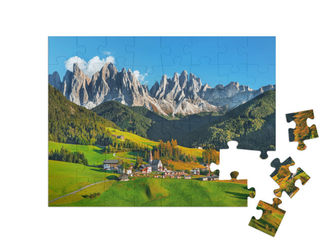 puzzle 48 dílků „Santa Maddalena s Dolomity v Jižním Tyrolsku, Itálie“