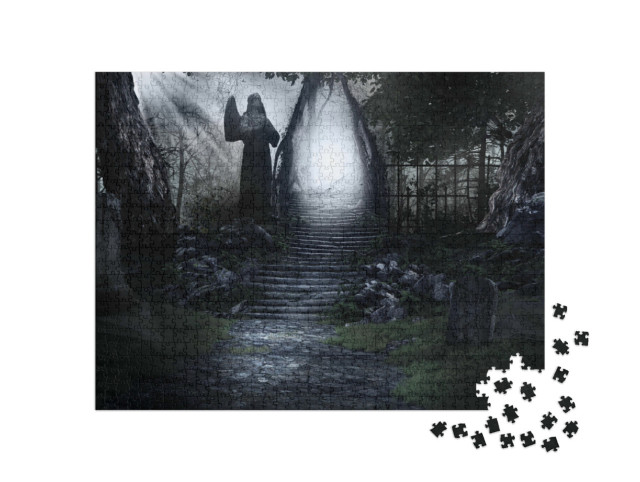 puzzle 1000 dílků „Stará socha střeží kamenné schodiště.“