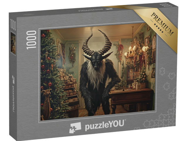 puzzle 1000 dílků „Černá příšera Krampus ve vánočním obchodě“