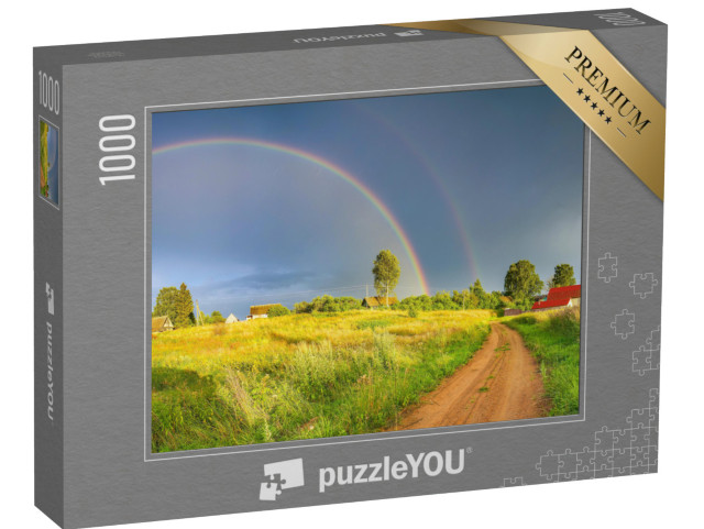 puzzle 1000 dílků „Duha nad tmavými dešťovými mraky ve venkovské krajině“