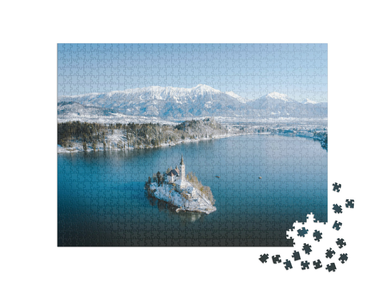 puzzle 1000 dílků „Panoramatický pohled na Bledské jezero v zimě, Slovinsko“