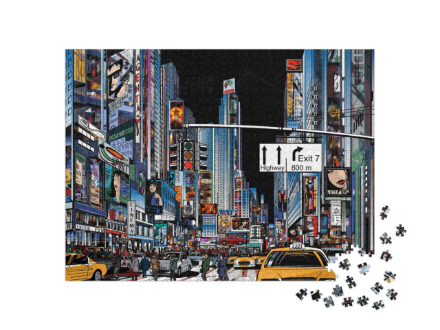 puzzle 1000 dílků „Vektorová ilustrace ulice v New Yorku v noci“