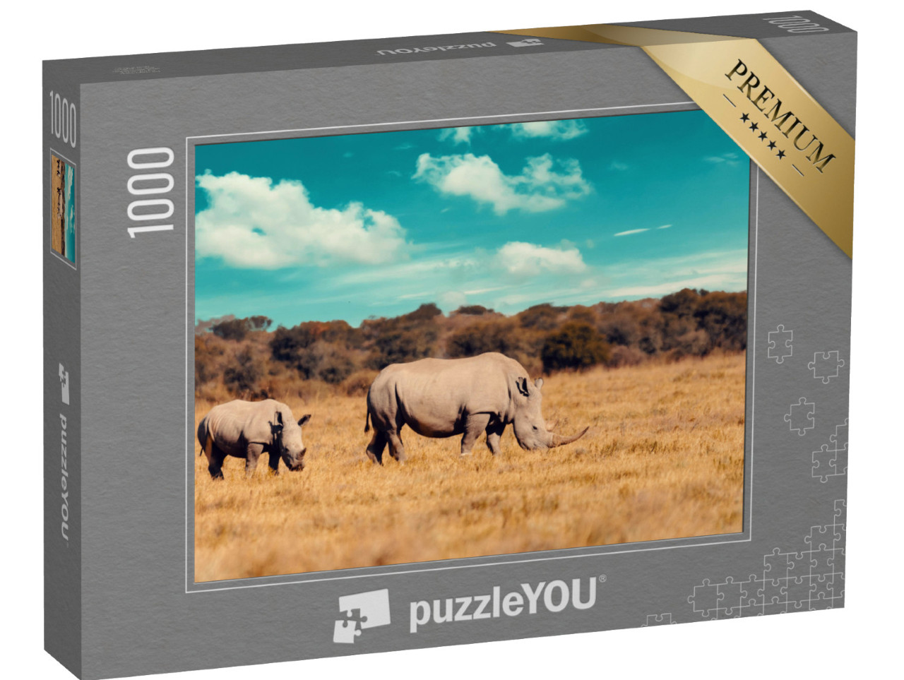 puzzle 1000 dílků „Rodina nosorožců, matka s mládětem nosorožce bílého, Botswana“