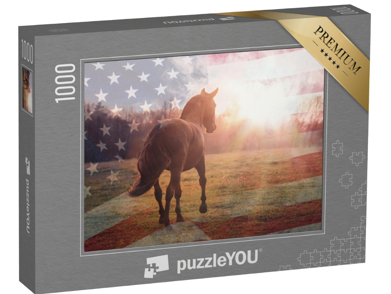 puzzle 1000 dílků „Portrét amerického quarter horse s vlajkou USA“