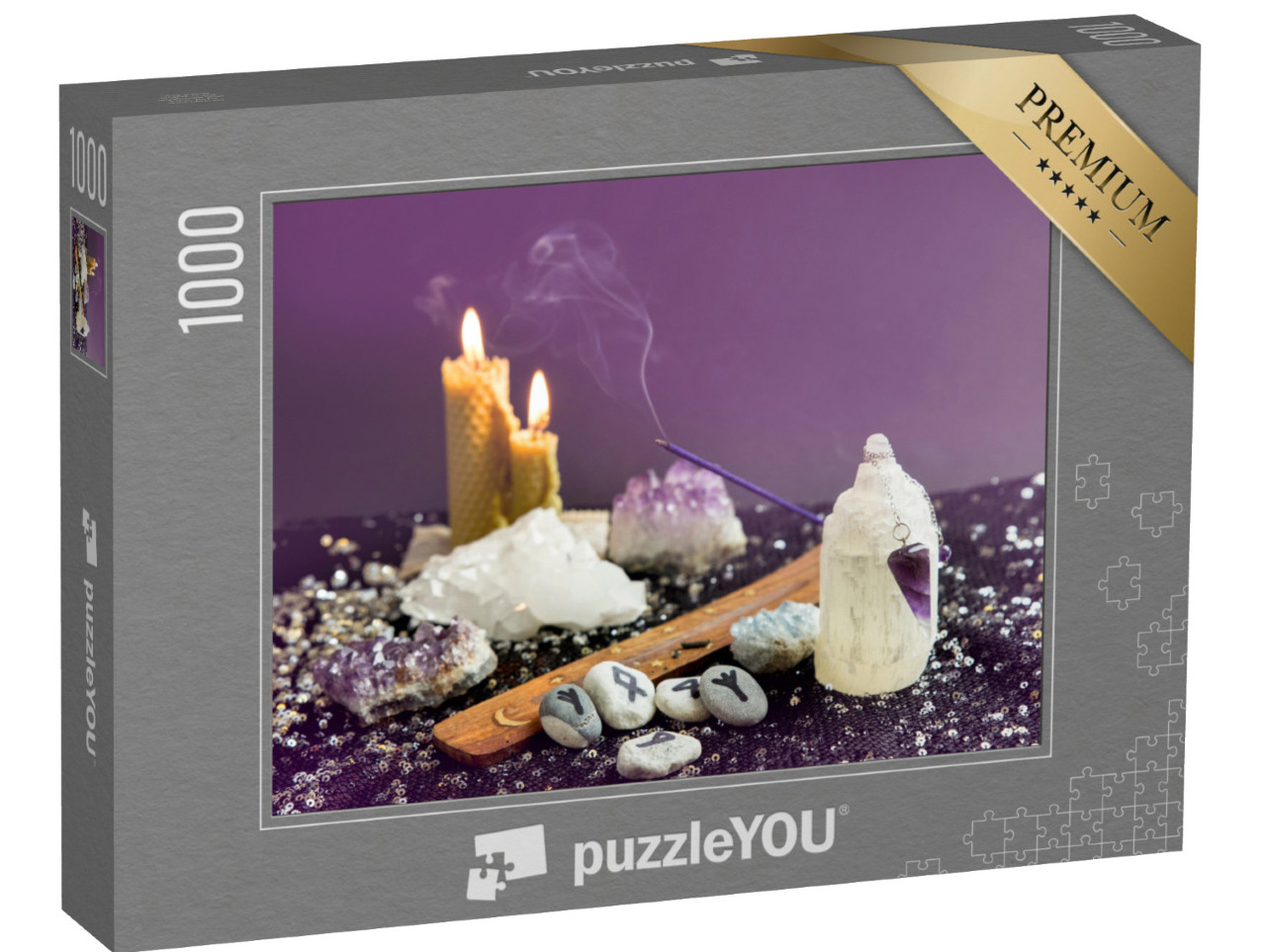 puzzle 1000 dílků „Ametystové křišťálové kyvadlo, runové kameny, svíčky z včelího vosku, esoterika“