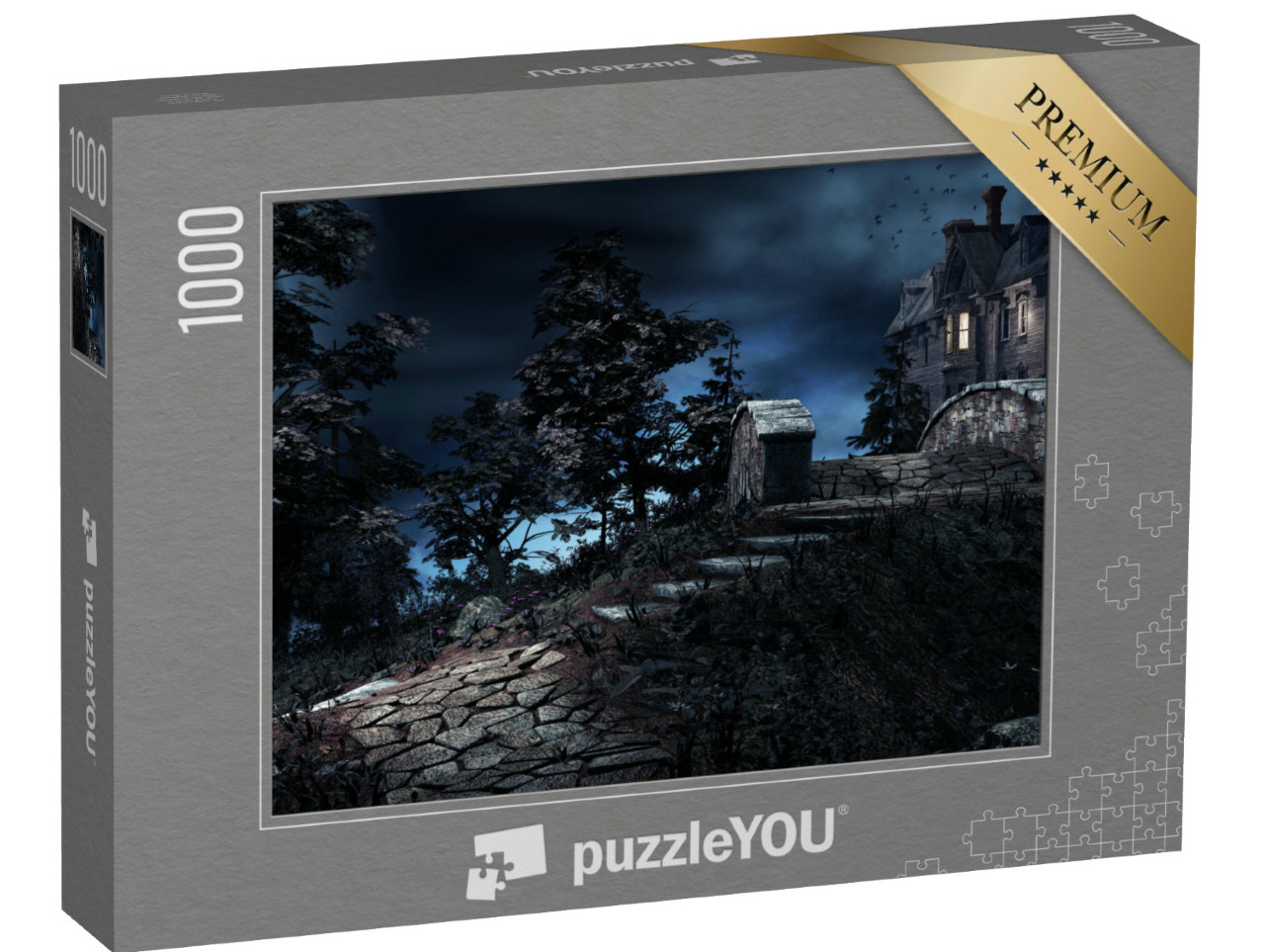 puzzle 1000 dílků „Noční scéna se starým domem a kamenným mostem“
