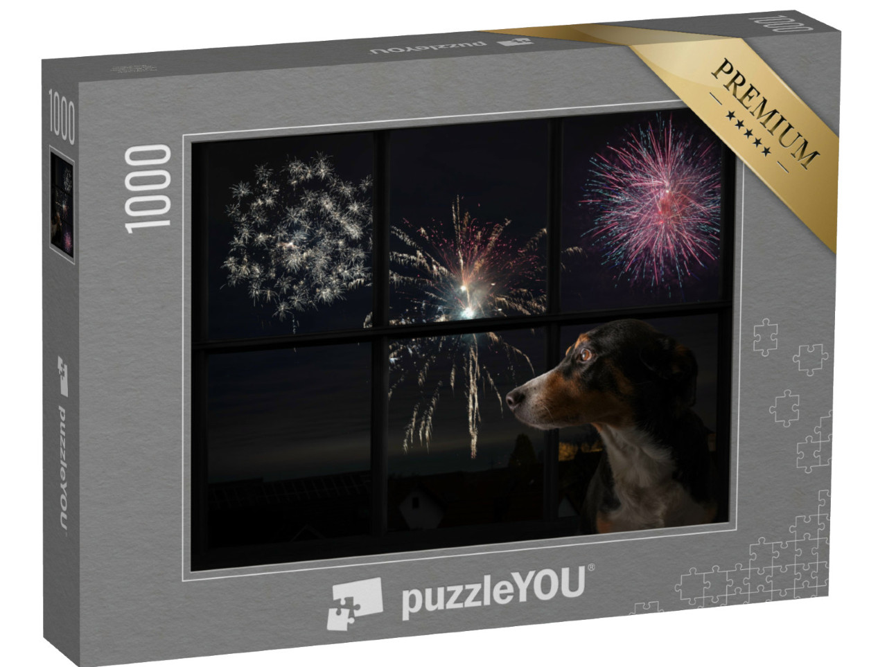 puzzle 1000 dílků „Pes se dívá z okna a sleduje ohňostroj...“