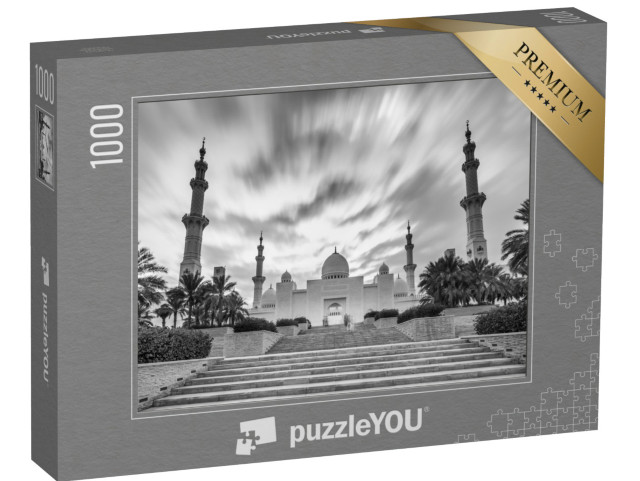puzzle 1000 dílků „Velká mešita šejka Zayeda v černé a bílé, Abú Dhabí, Spojené arabské emiráty“