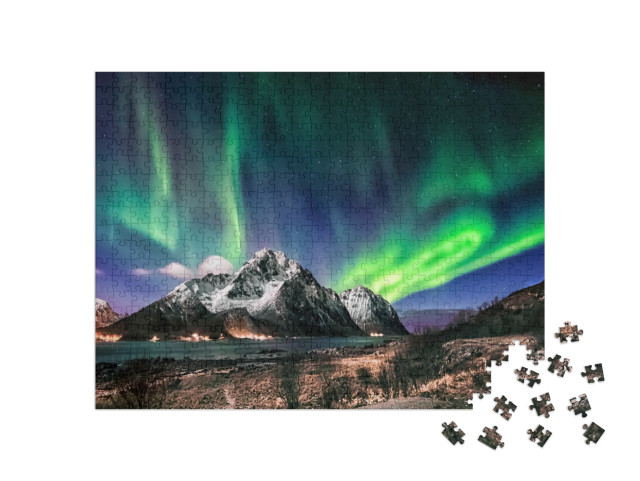 puzzle 500 dílků „Krajina Lofotských ostrovů: Lofoty: Návštěva v zimě s polární září, Norsko“