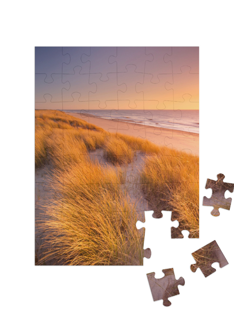 puzzle 48 dílků „Západ slunce nad dunami Texelu v Nizozemsku“