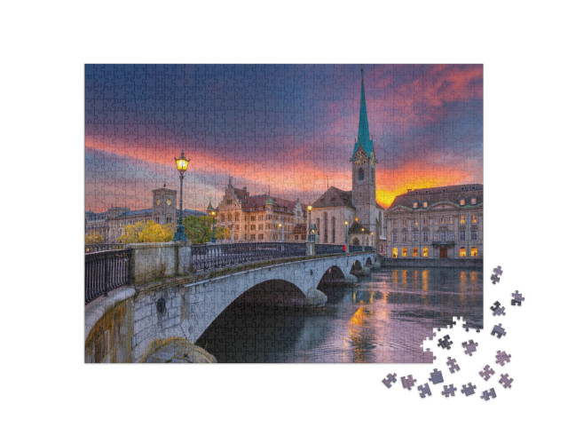puzzle 1000 dílků „Ohnivý západ slunce v Curychu“