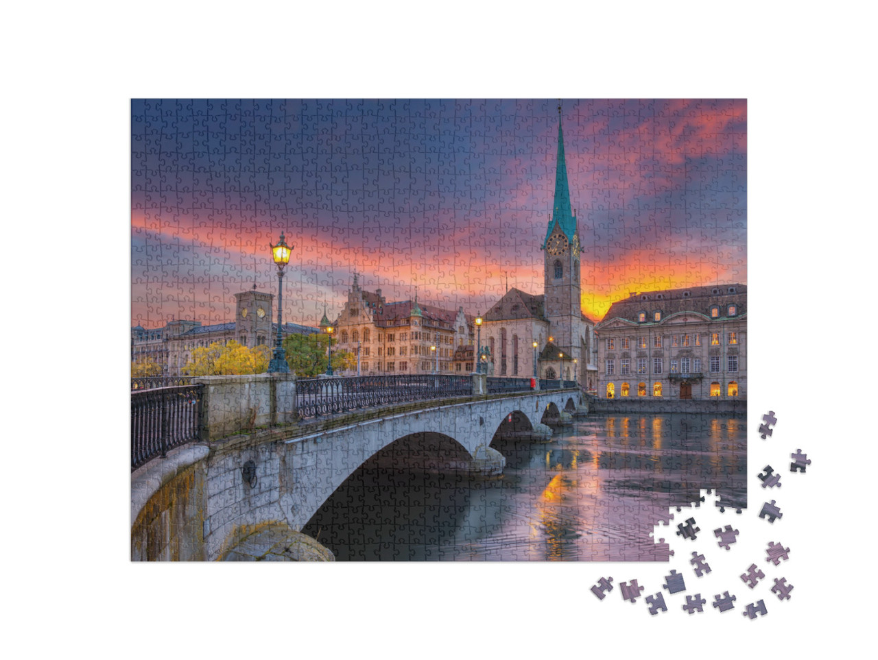 puzzle 1000 dílků „Ohnivý západ slunce v Curychu“