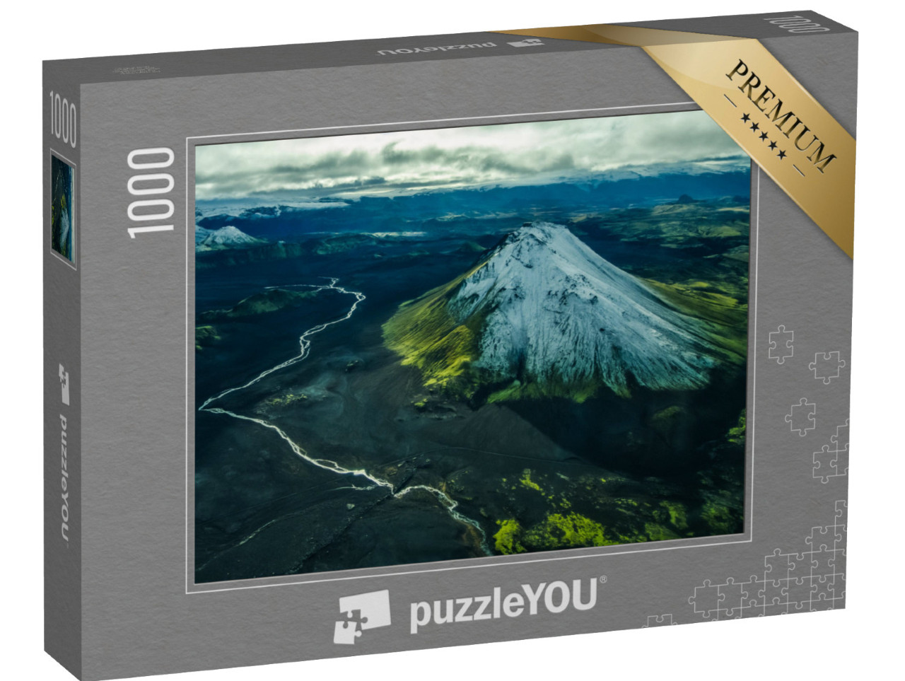 puzzle 1000 dílků „Letecký pohled na řeku poblíž zasněžené sopky na Islandu“