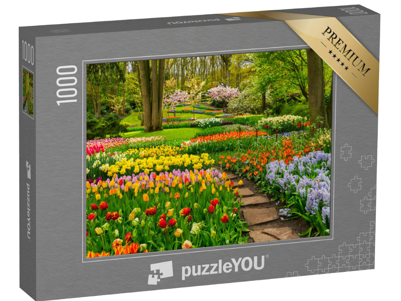 puzzle 1000 dílků „Barevná tulipánová zahrada pod stromy“