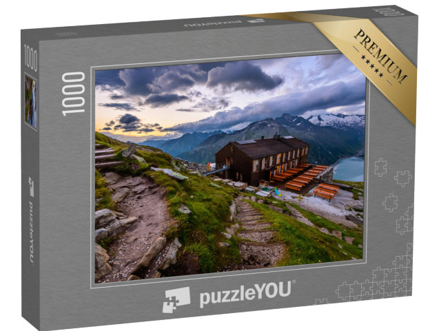 puzzle 1000 dílků „Chata Olpererhütte na úpatí hory Olperer, Zillertalské Alpy, Tyrolsko“