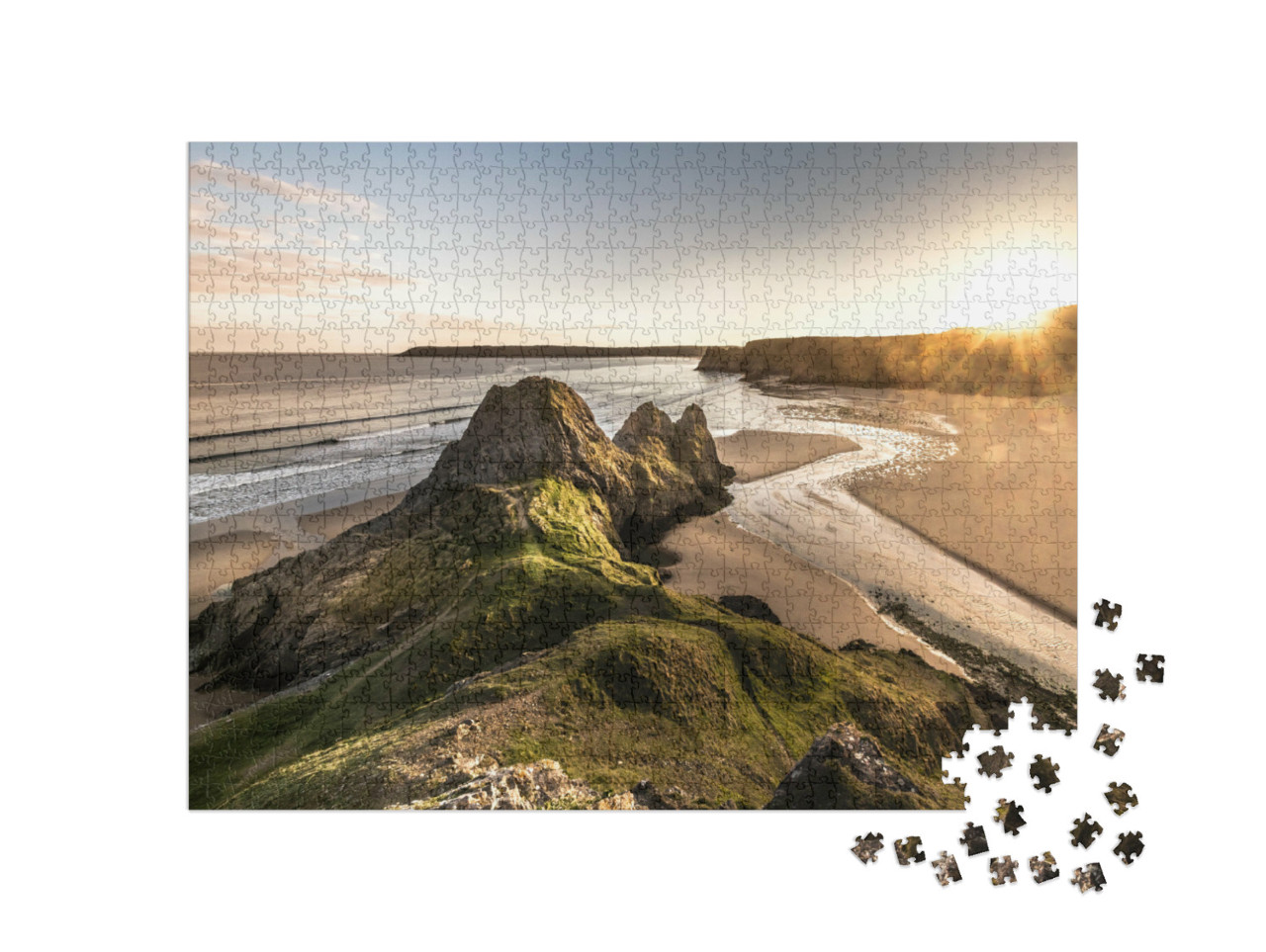 puzzle 1000 dílků „Panoramatický pohled na západ slunce na útesech Three Cliffs na poloostrově Gower, jižní Wales, Velká Brit…“