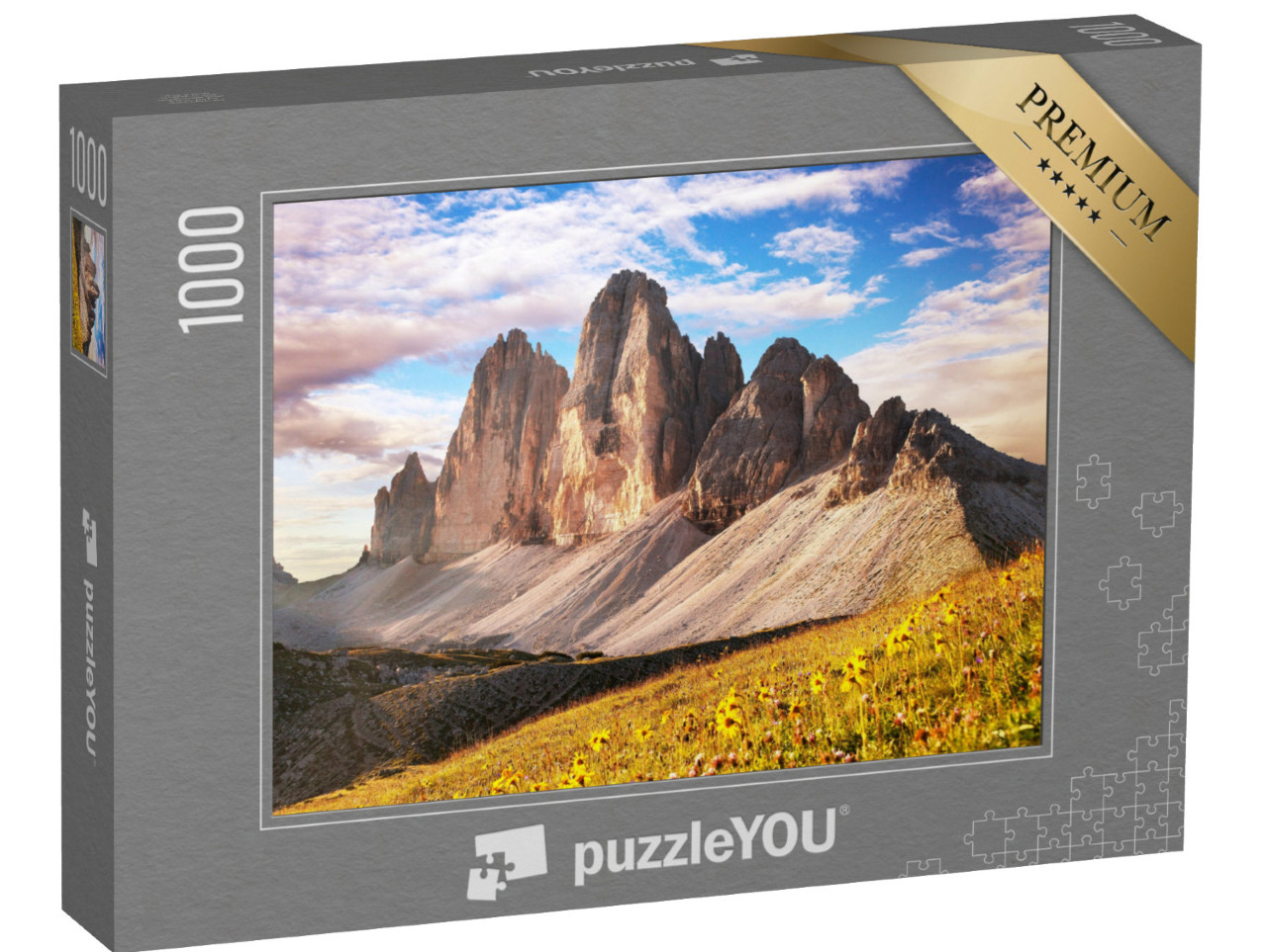 puzzle 1000 dílků „Ranní pohled na Tři vrcholy, Jižní Tyrolsko, Italské Alpy“