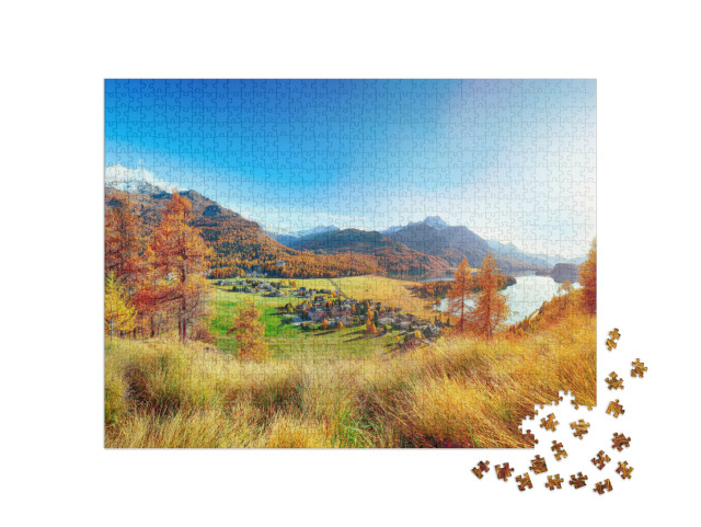 puzzle 1000 dílků „Podzimní panorama nad Silsem v Engadinu“