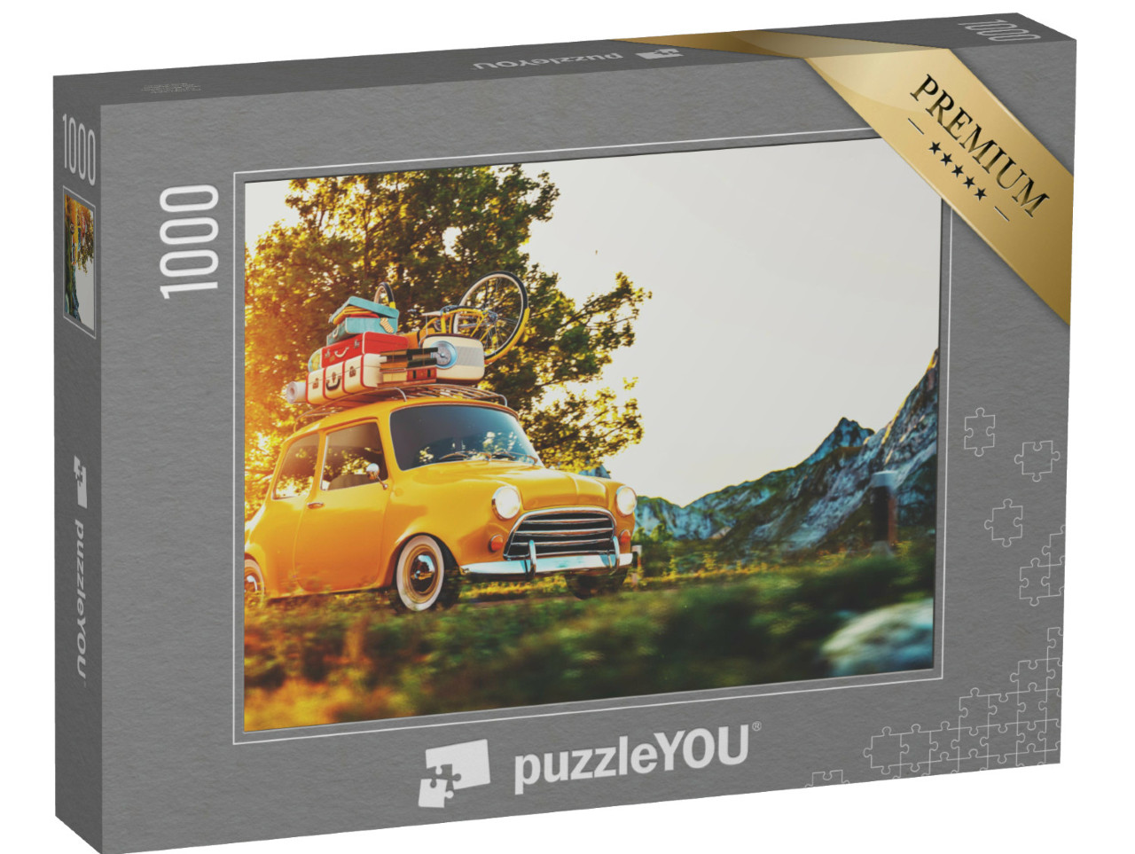 puzzle 1000 dílků „Retro auto s kufry a jízdním kolem při západu slunce“
