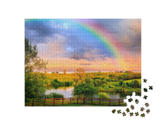 puzzle 1000 dílků „Klidná krajina po bouři s jasnou duhou“