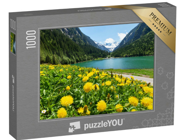 puzzle 1000 dílků „Léto v Tyrolských Alpách: Pampeliška a horské jezero, Zillertal, Rakousko“