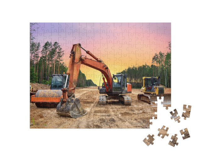 puzzle 200 dílků „Buldozery, bagry a zhutňovače zeminy pro silniční stavby“