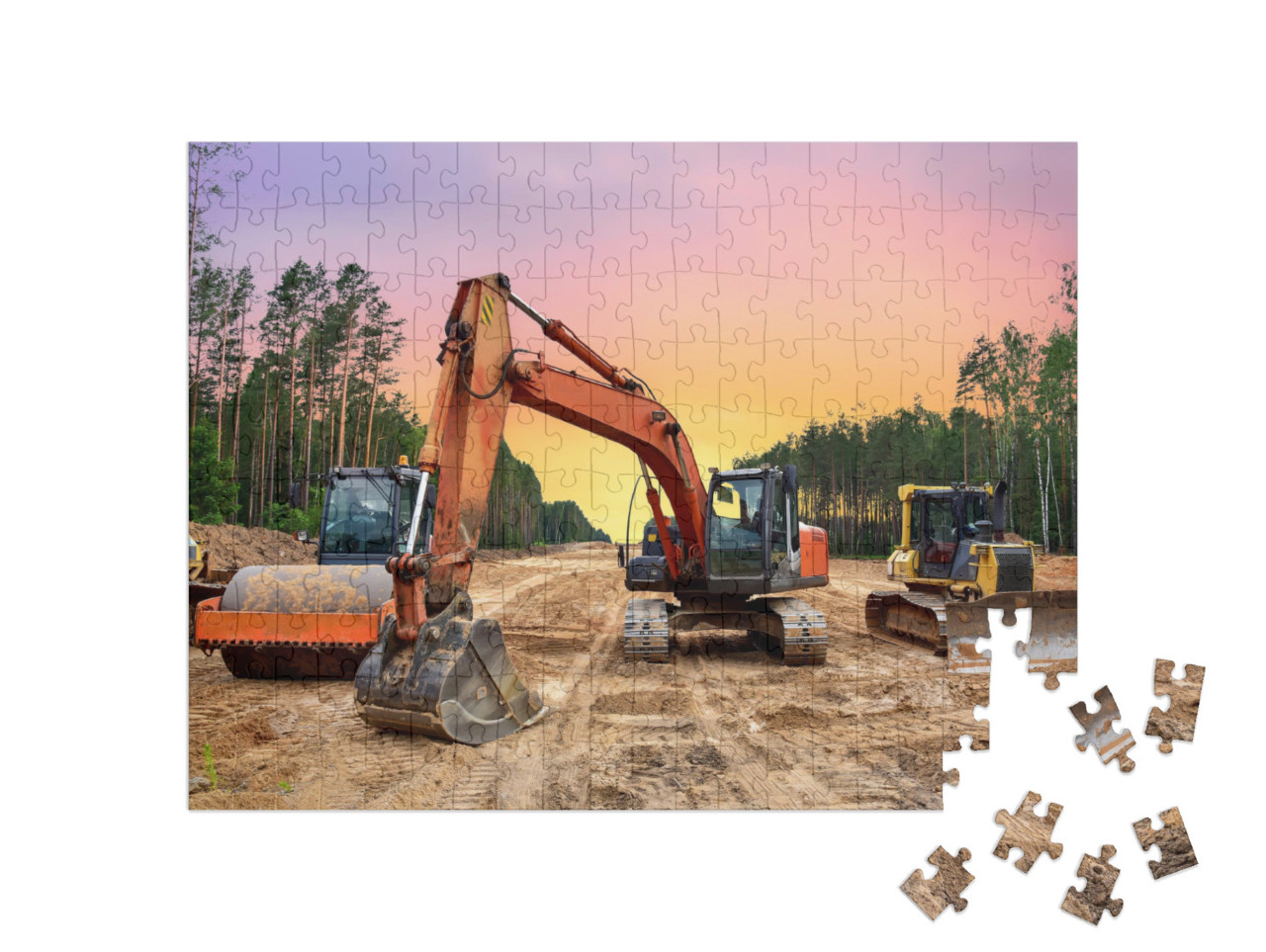 puzzle 200 dílků „Buldozery, bagry a zhutňovače zeminy pro silniční stavby“