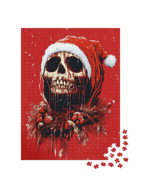 puzzle 1000 dílků „Děsivá lebka v kostýmu Santa Clause“