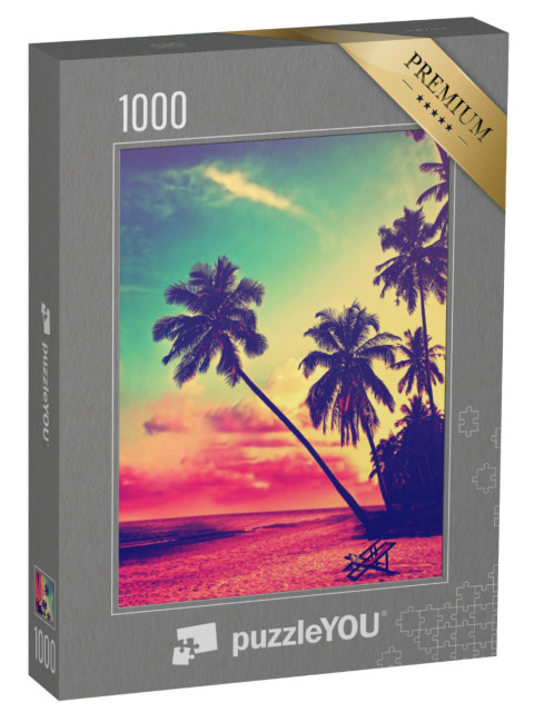 puzzle 1000 dílků „Tropická pláž se siluetami palem při západu slunce“