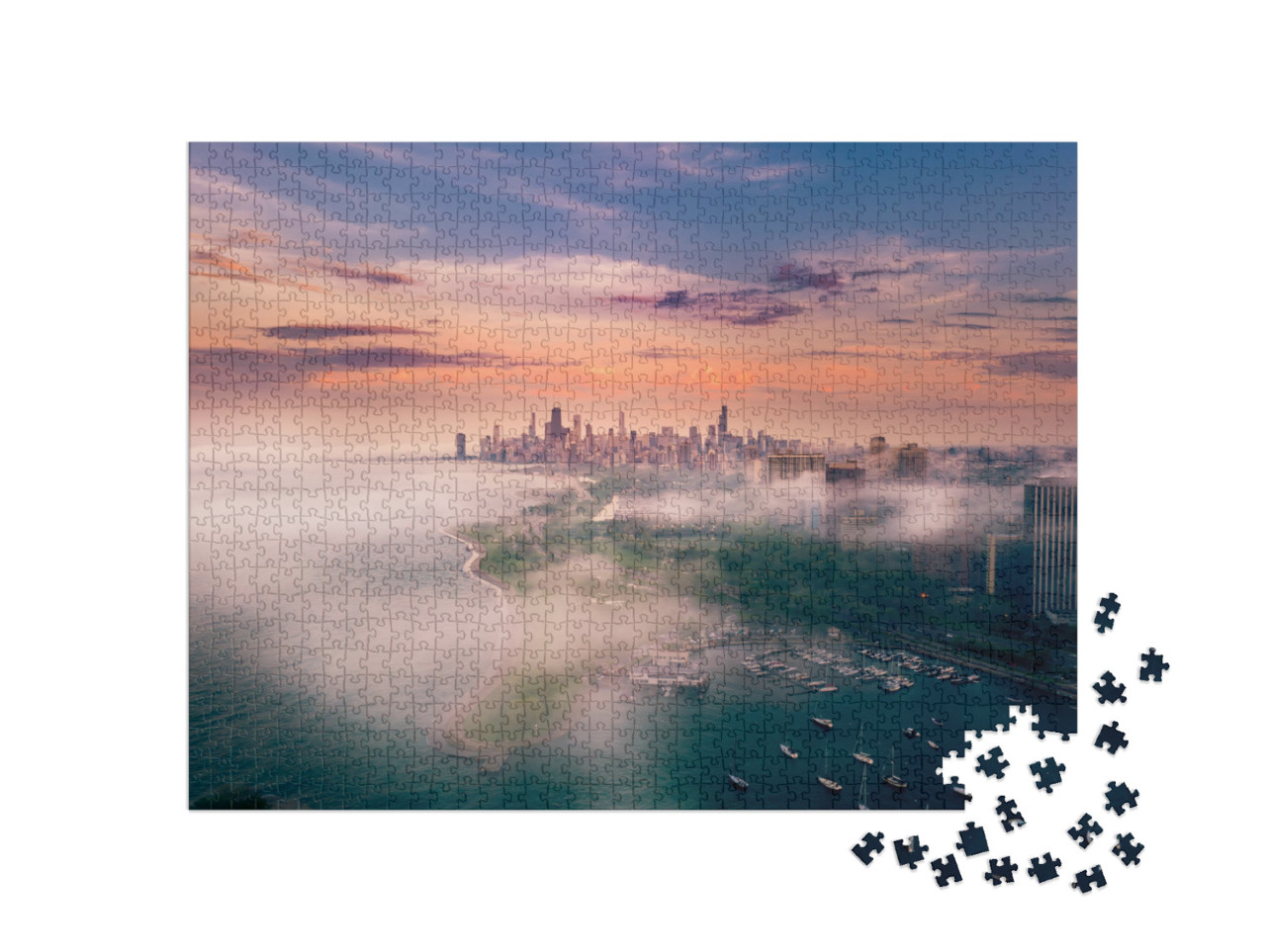 puzzle 1000 dílků „Chicago a jezero Michigan v mlze“