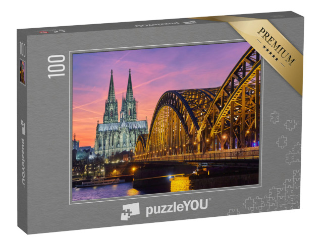 puzzle 100 dílků „Kolínská katedrála a Hohenzollernský most při západu slunce“