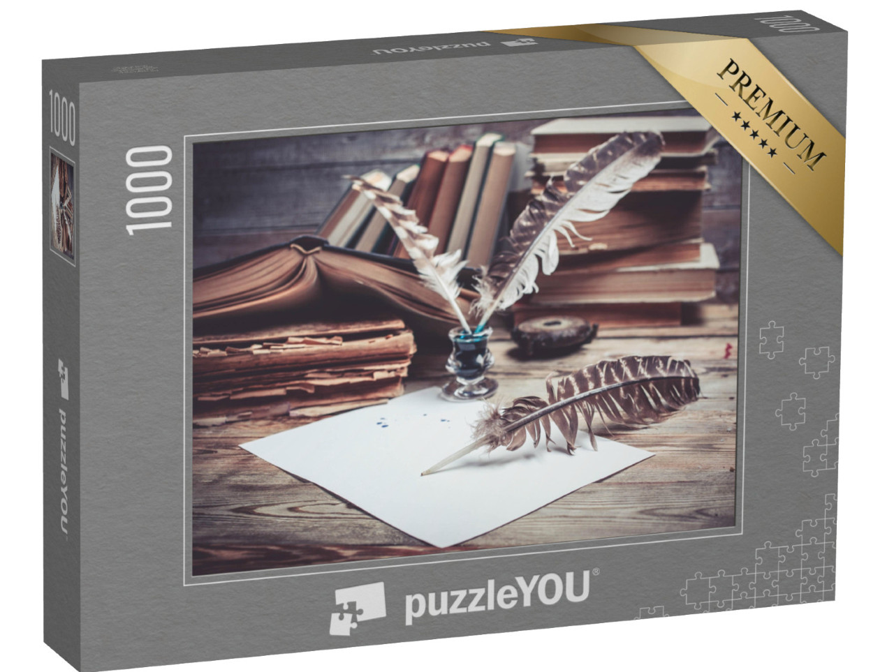 puzzle 1000 dílků „Vintage knihy zátiší, inkoust a tuše“