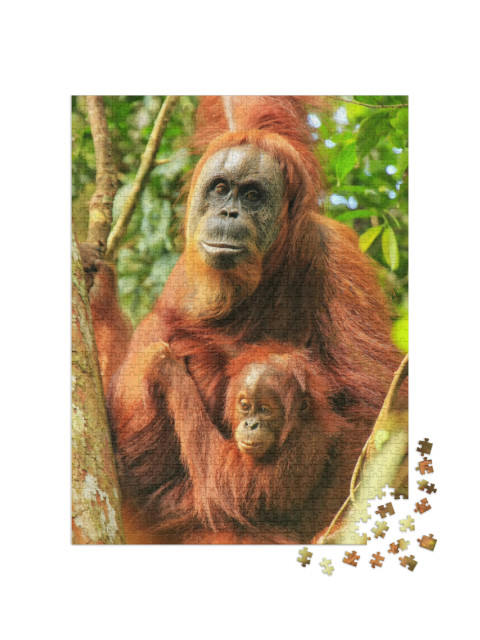 puzzle 1000 dílků „Samice orangutana sumaterského s mládětem, Indonésie“