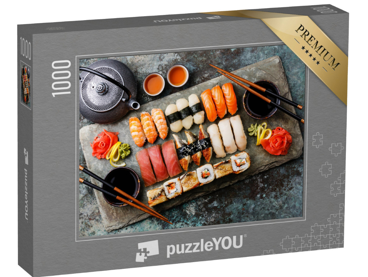 puzzle 1000 dílků „Sushi set nigiri a sushi rolky s čajem“