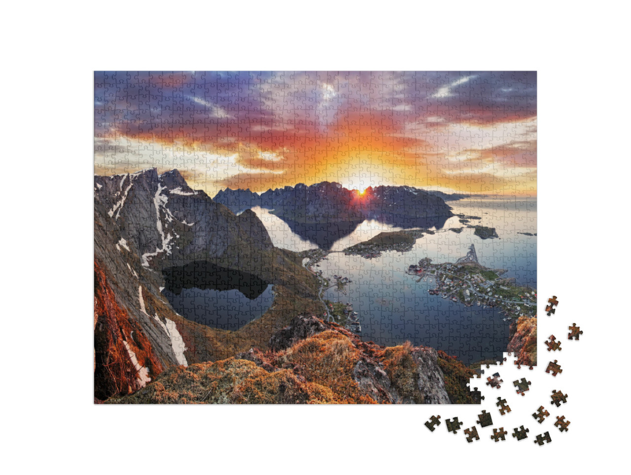 puzzle 1000 dílků „Horská pobřežní krajina při západu slunce, Norsko“