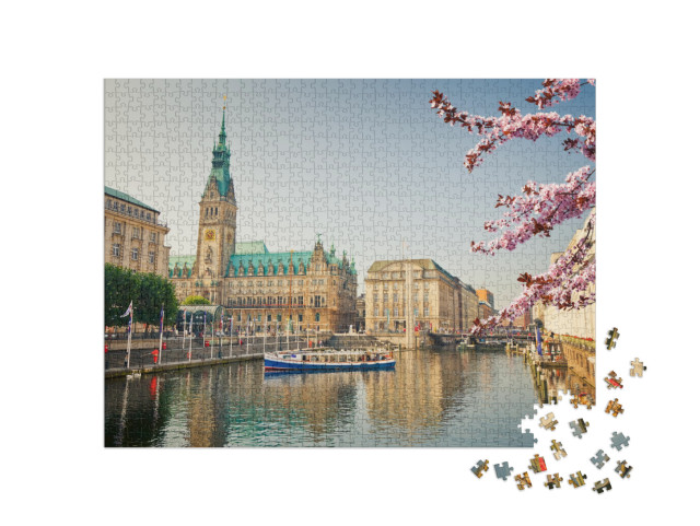 puzzle 1000 dílků „Hamburská radnice a Alster na jaře“