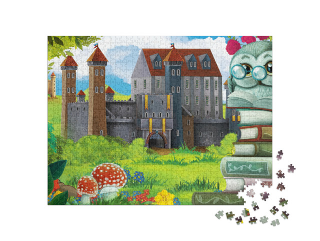 puzzle 1000 dílků „Zahradní scéna s lesními zvířaty a hradem“