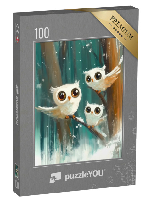 puzzle 100 dílků „Tři sovy sněžné v zimním lese“