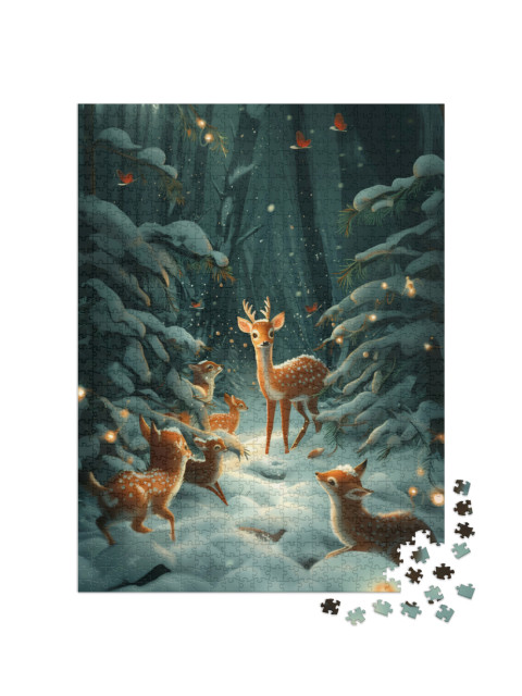 puzzle 1000 dílků „Jelení rodinka objevuje sníh“